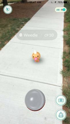 Photos by Erika Norton Screenshot of a Weedle found in Whispering Hills, Chester, while playing the Pok&#xe9;mon Go smartphone game.