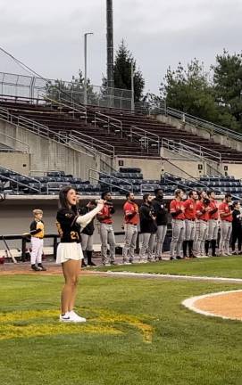 Chloe Geuther performs the National Anthem at the Sussex County Miners Game at Skylands Stadium.