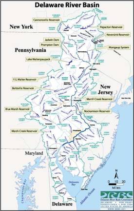 Map showing reservoirs in the Delaware River Basin. The three reservoirs triggering the drought watch -- the Cannonsville, Pepacton, and Neversink -- are now at only 40 percent capacity.