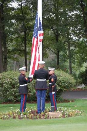 Photos provided Preparing to raise the flag at the Alonso Strong Golf Outing are US Marine Sgt Samuel Moorhead, Sgt. Louis Serafin and Sgt. Fernando Fuentes of Golf Company from Picatinny Arsenal.