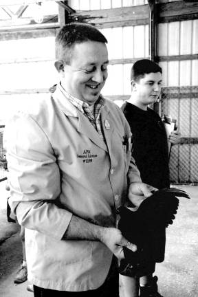 Poultry Fanciers Association holds spring show Judge Tom Roebuck of Golden Feather Farm, Va. judging Old English Game Pullet.