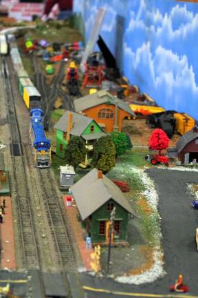 A section of the larger of the two HO-scale layouts. The HO scale is 1:87, meaning that one foot equals 87 feet in the layout.