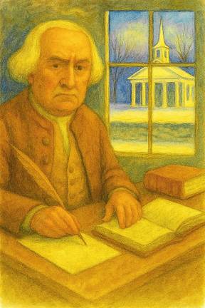 Sussex County History Today: Robert Ogden II <b>Robert Ogden II, Esq., shown at his desk on his farm in Hardyston Township with his legacy, the Sparta Presbyterian Church, of which he was a founding member and supporter. (AI photo rendered on data by Bill Truran, who endorses it as historically representative) </b>