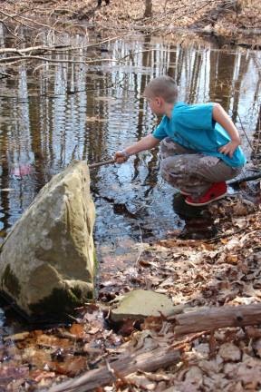 Area children get look at vernal ponds Harrison Hayenhjelm of Lafayette checks on frog eggs in the pond.