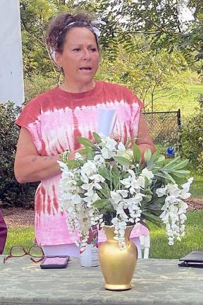 Valerie Macchio, Sparta Community Food Pantry's board president and pantry director, at the blessing of the pantry at its new location ast summer. Now, in addition to the many people the pantry helps locally, it's gathering specific supplies to send to Ukraine. (Photo by Laurie Gordon)