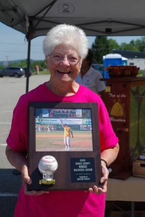 Former Vernon Senior of the Year Terri Van Emburgh brought a plaque with her to the Farm Expo. It was a gift she received the night before when she threw out the first pitch at the Sussex County Miners&#xfe;&#xc4;&#xf4; Friday night game at Skylands Stadium in Frankford.
