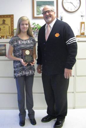 Madeline Miller of Lafayette Township School is shown with Assistant Principal Jerry Fazzio on being selected Hampton Rotary Student of the Month for October 2015.