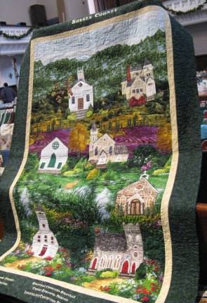 Appliqued historic Sussex County, NJ churches quilt by Winnie Jager (Photo by Ginny Privitar)