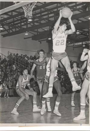 Sussex County History Today: Star’s beginning Mike Ferrera (22) up in the air during a Franklin High School game in the mid-1970s. (Photo provided)