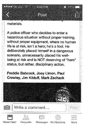 This cell phone screenshot obtained by The Advertiser-News South shows a post on the Facebook timeline of Franklin Councilman David Fanale, who is commenting on the actions of Patrolman Rafael Burgos, who entered Franklin's Pet Center during a Feb. 25 to save the pets in the store, suffering a smoke-inhalation injury in the process.