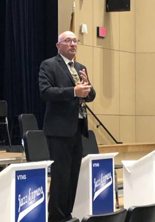 PHOTOS BY MIKE ZUMMO Vernon Township Mayor Harry Shortway speaks at Monday's town hall meeting at Vernon Township High School.