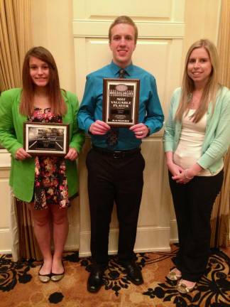 Wallkill Valley bowlers earn awards Amber Lora and Ryan Scholz — holding their awards — and the Wallkill Valley Regional High School bowling coach Kaitlynn Egan are shown at the June 9 Athletic Awards Night at Crystal Springs Resorts.