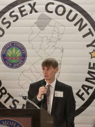 Justin Scheid speaks during the ceremony after being inducted into the Sussex County Sports Hall of Fame Class of 2014.