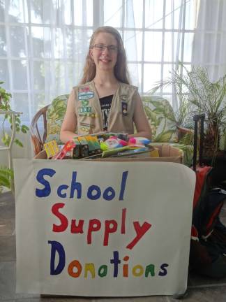 A local Wallkill Valley Girl Scout Andi Kidd, Franklin Troop 897,will hold a school-supply drive in front of the Franklin Wal-Mart on Sunday July 27 from 10-2 p.m. and Thursday, July 31, from 6-9 p.m.If you&#x2019;d like to schedule a more convenient time contact her at: akidd@ptd.net. Needed items include: book bags, pens, pencils, paper, notebooks, binders, highlighters, flash drives, folders.
