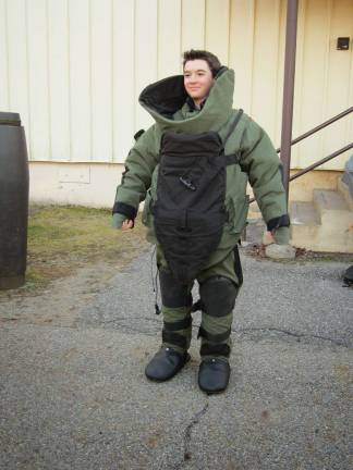 Venturing Crew visits Picatinny Arsenal Crew Vice President of Public Relations Stephen Rozek is shown in a bomb suit