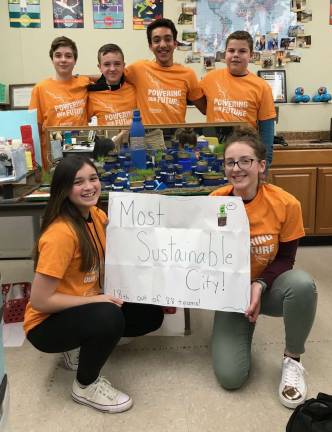 The Eighth grade team won the award for &#x201c;Most Sustainable City&#x201d;. Pictured back to front: Ryder Darvalics, Winston Hennings, Brandon Todd, Brian Hall, Asia Lamlamay, and Nicole DeFinis.