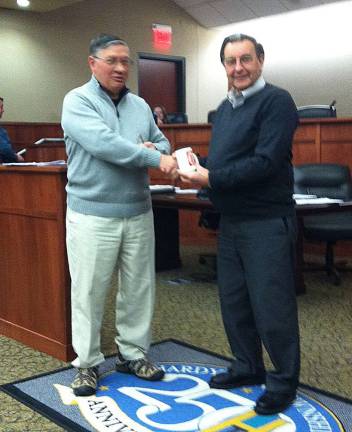 Hardyston to honor bicentennial logo designer Photos by Laura Marchese Hardyston Mayor Carl Miller is shown with james Wright of the Heritage Society.