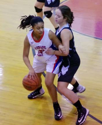 Lenape Valley's Thalia Johnson dribbles the ball as she is covered by Wallkill Valley's Francesca Ciasullo.