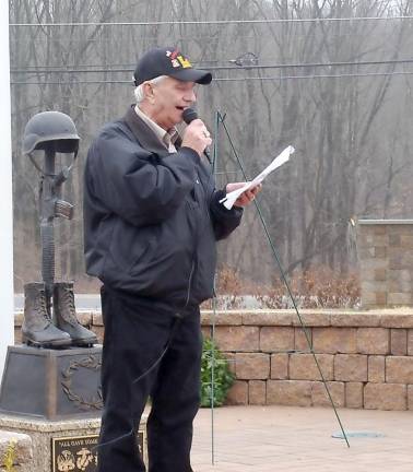 John Harrigan addresses the group at Wreaths across America at the Northern New Jersey Veterans Memorial Cemetery in Sparta.