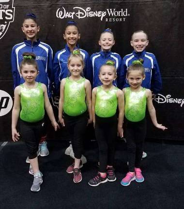 Garden Gators compete at Disney World Xcel Bronze gymnasts: 1st row, Lucy Kelly Teagan Aubrey; 2nd row: Ariana Begraft of Hampton, Arianna Frank of Glenwood, Lilly Gretkowski and Emma Hamilton of Sparta.