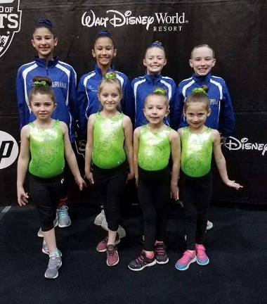 Xcel Bronze gymnasts: 1st row, Lucy Kelly Teagan Aubrey; 2nd row: Ariana Begraft of Hampton, Arianna Frank of Glenwood, Lilly Gretkowski and Emma Hamilton of Sparta.