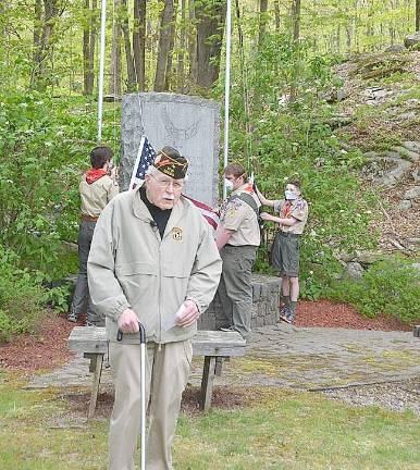 Byram honors those who made the ultimate sacrifice Former Mayor Richard Bowe concludes remarks as Boy Scouts from Troop 276 prepare to raise the colors. (Photo provided)