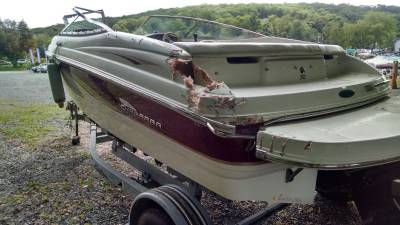 This Chaparra motor boat was damaged after being struck by another boat on Lake Hopacong on Saturday night. Police are still looking for the boat responsible. Photo provided.