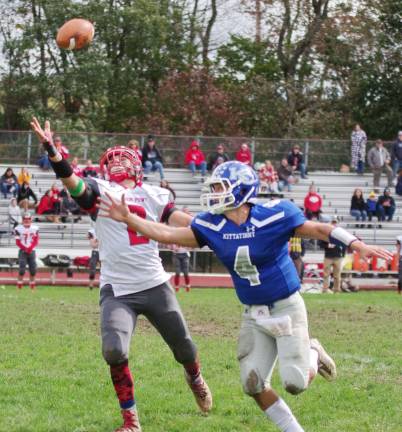 The ball is thrown just out of reach of High Point wide receiver Grayson Sabo and Kittatinny defensive back James Franco in the first half.