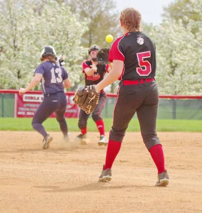 Blair's Jessie Schable (13) beats the ball thrown by High Point's Casey Rutter (5) to second base in the fourth inning.