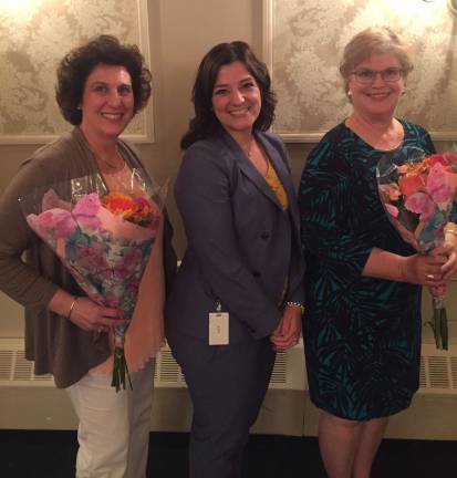 Superintendent Jennifer Cenatiempo presents the Lafayette Township Teacher and Educational Services Professional of the Year Awards to Linda Piela and Patricia Faris on May 12 at the Lafayette House.