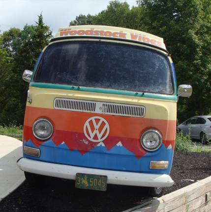 The van sports Wyoming license plates and reminds us of the Woodstock Festival held this weekend 50 years ago in upstate New York