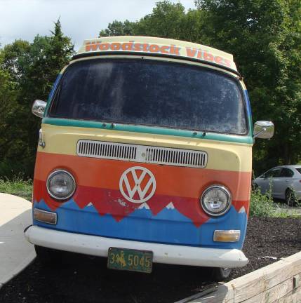 The van sports Wyoming license plates and reminds us of the Woodstock Festival held this weekend 50 years ago in upstate New York