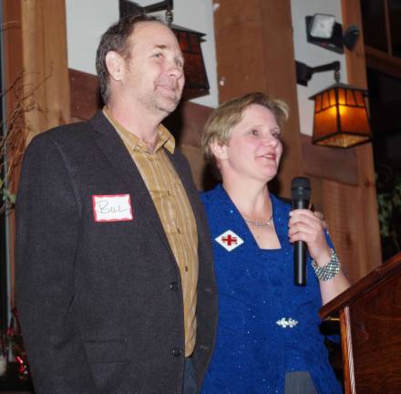 Mountain Creek President and former ski patroller Bill Benneyan welcomed everyone to the 50th anniversary event. Here he is shown with Susanne Ebling, the director of the Mountain Creek Ski Patrol. Benneyan has skipped shaving this month in support of prostate cancer awareness.