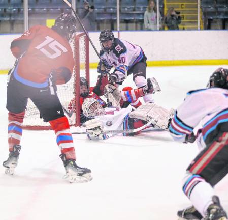 N/LV goalie Ryan Salerno manages to keep the puck out after a near goal.