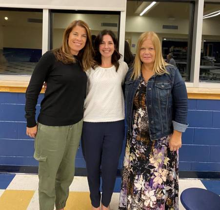 From left are Tammy Peek, Hardyston School Principal Jennifer Cimaglia and Edith MacMillan