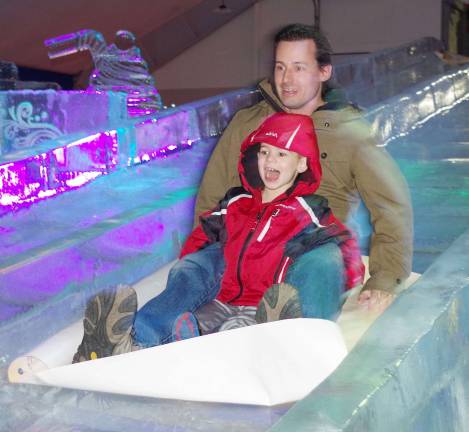 The ice slide at the Skylands Stadium &#xfe;&#xc4;&#xf2;Frozen in Ice&#xfe;&#xc4;&#xf4; was fun for all who dared to try it out. This huge 50-foot-long ice tandem slide had a steady stream of riders ready to experience the chilly thriller.