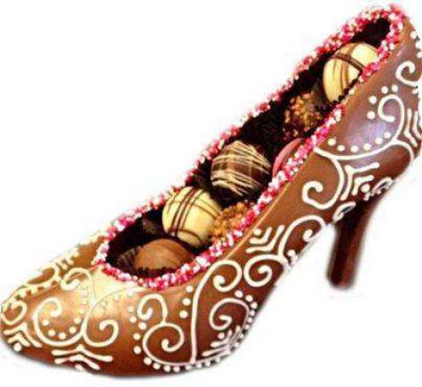 A signature handmade, Belgian Chocolate High Heel Shoe.