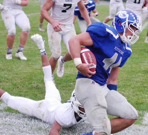 Kittatinny ball carrier Jacob Mafaro is forced out of bounds in the second half. Mafaro carried the ball 15 times resulting in only 46 yards.