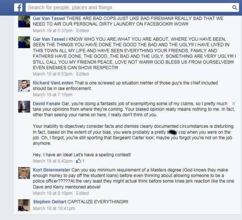 This screen shot shows an exchange where Franklin Councilman David Fanale insults a former Newton police officer during an argument beneath his Facebook note regarding Roxbury police.