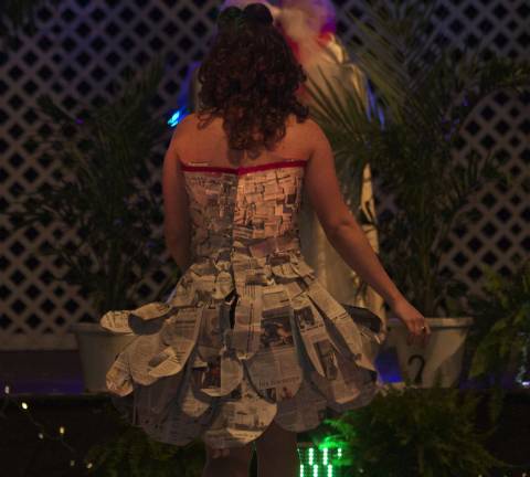 These fashionistas know how to sew Danielle Miserendino of Lafayette with her newspaper dress at Sussex Tech Fashion Show.