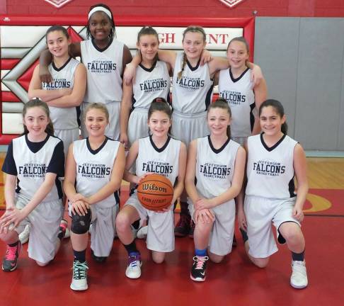 The 2017 Skylands Girls Basketball League champions sixth grade Jefferson Falcons pose for a portrait. From the left back row are Jordan Ozbooth, Amanda Ngwankwo, Maddie Bowman, Laynee Gordano, Laney Oosdyk. Front row from the left are Abby Cooper, Brooke Jacobus, Bryn Fitzgerald, Megan Schlomen and Dara Studnick. The Jefferson Falcons sixth grade team pose for a portrait. The Jefferson Falcons defeated the Lenape Valley Patriots in sixth grade girls basketball on Saturday, March 11, 2017. The final score was 34-29. The Skylands Girls Basketball League championship game took place at High Point Regional High School in Wantage Township, New Jersey.