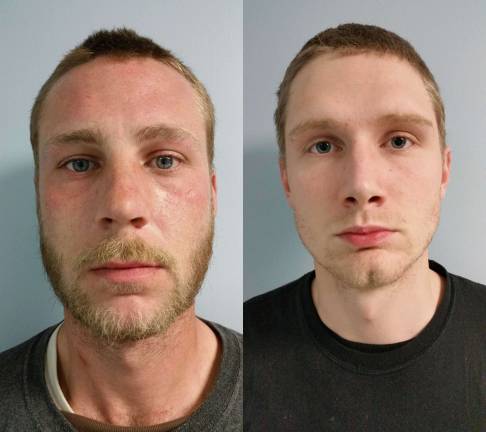 This photo provided by the Franklin Police Dept. shows suspects John E. Hall, 27, and Logan Zeigler, 23, both of Sussex Borough.