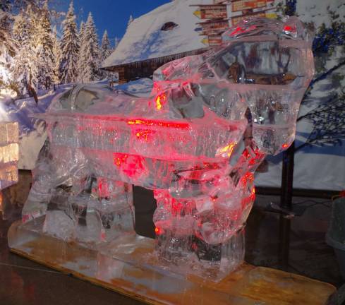 A frozen horse created from many rectangular blocks of ice.