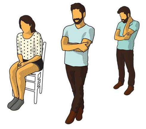 Low-power poses: People who assumed closed poses like these had an increase in a stress hormone and received lower marks in job interviews.