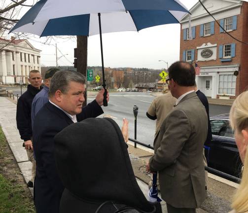 Senator Oroho pointing out the need for more pedestrian safety and signage improvements around the Newton Green.