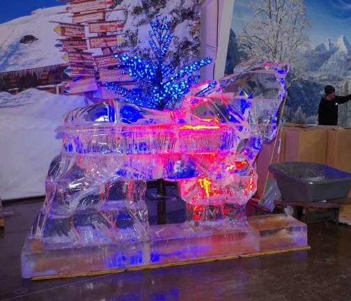 A frozen horse created from many rectangular blocks of ice.