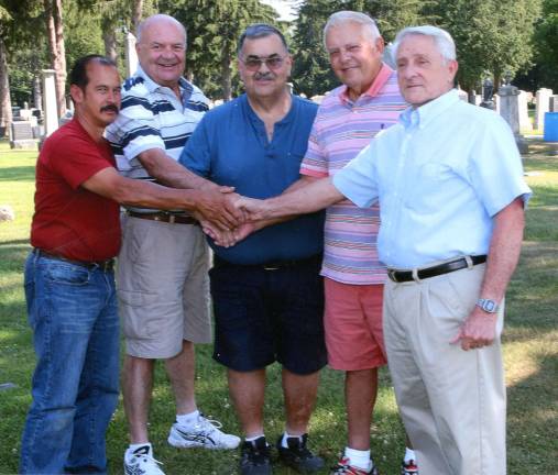 PHOTO COURTESY ERNEST DUCK PHOTOGRAPHY Ed 'Topper' Kantenwein retired afer 46 as supervisor of the North Hardyston cemetery. Sharing his retirement are: from left, Joe Luna, superintendent; Jerry Hillard, trustee; Kantenwein; Bill Romaine, trustee/president; Richard Bowman, trustee.