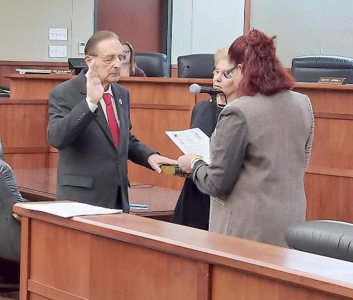 Santo Verrilli takes the oath of office for Hardyston Township Council.