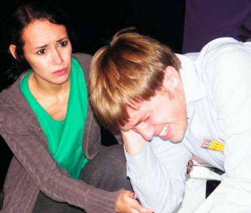 High Point High School senior Mariah Ouellette, 17 of Wantage plays Marvalyn and is seen tending to Steve, portrayed by Junior Nathan Stillings of Sussex, after accidentally hitting him over the head with an ironing board