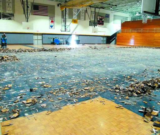 The existing gymnasium floor is ripped up at Wallkill Valley Regional High School.